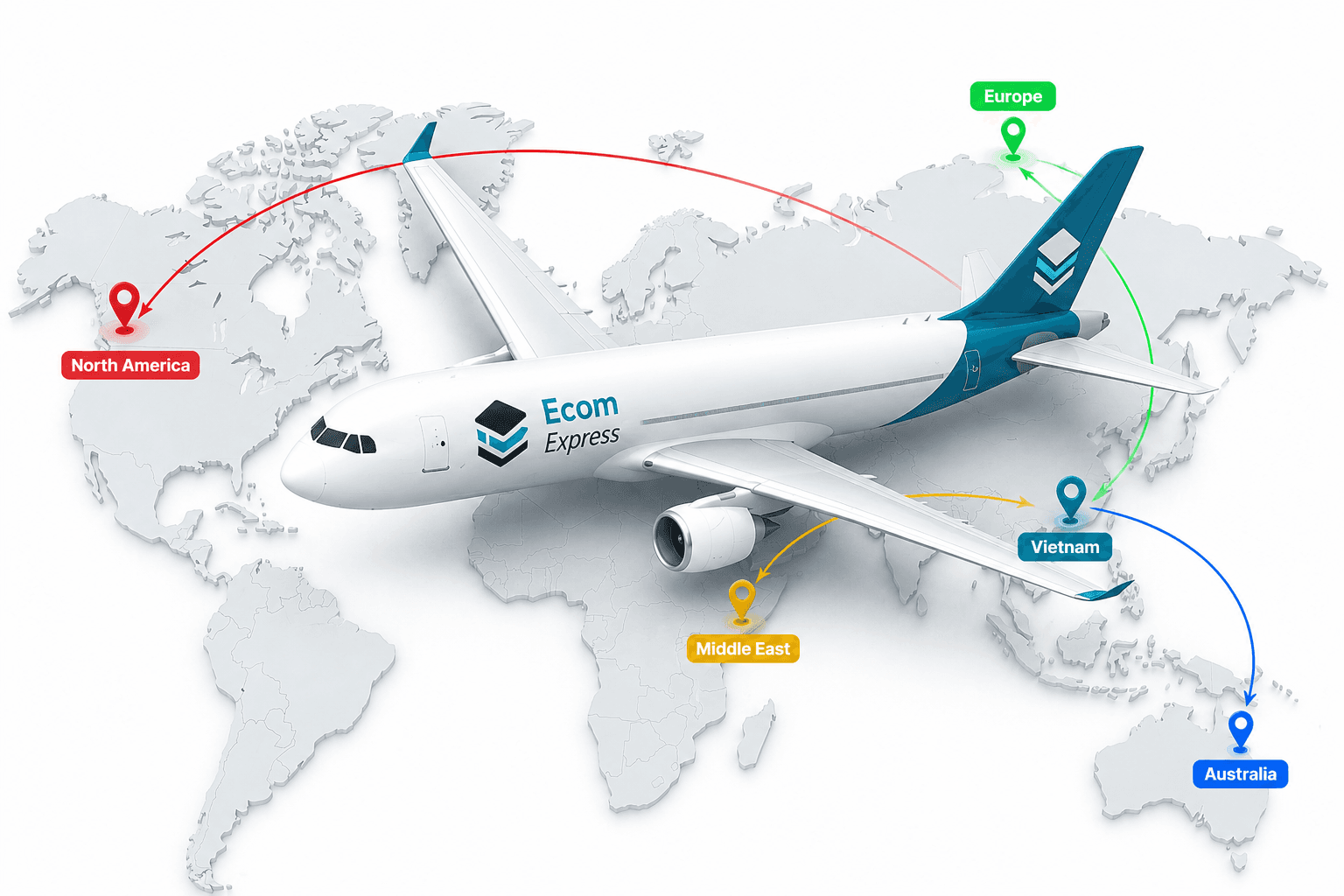 Máy bay chở hàng Ecom Express bay trên bản đồ các tuyến vận chuyển toàn cầu